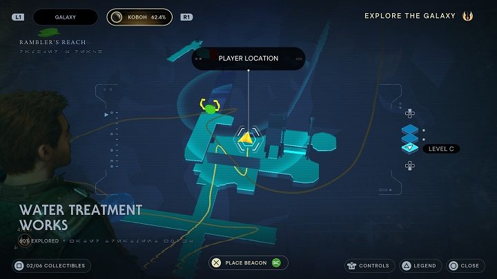 Podczas zwiedzania następnego obszaru, który jest dostępny z pierwszego włazu traficie na pierwszą w Oczyszczalni bazę danych - zbiornik do zeskanowania kryje się w rogu pomieszczenia wskazanego na mapie - Jedi Survivor: Oczyszczalnia - lista sekretów - Star Wars Jedi Survivor - poradnik do gry