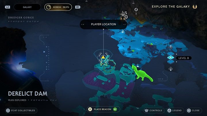 W miejscu, w którym znaleźliście kulę służącą do zlikwidowania materii, są ściany, po których możecie wskoczyć na półkę znajdującą się wyżej - Jedi Survivor: Opuszczona zapora - lista sekretów, część 3 - Star Wars Jedi Survivor - poradnik do gry