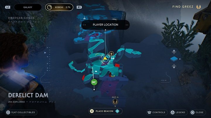 Z poprzedniego miejsca zeskoczcie jeszcze niżej i zerknijcie na lewo - Jedi Survivor: Opuszczona zapora - lista sekretów, część 1 - Star Wars Jedi Survivor - poradnik do gry