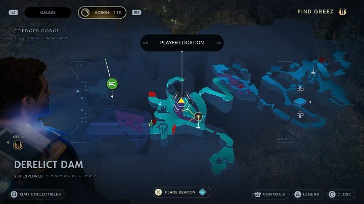 Zerkając od zwłok utopionego poszukiwacza na prawo, zobaczycie brzeg z czaszką dużego zwierzęcia - Jedi Survivor: Opuszczona zapora - lista sekretów, część 1 - Star Wars Jedi Survivor - poradnik do gry