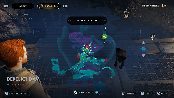 Od poprzedniej znajdźki udajcie się w lewo, następnie stańcie na metalowym elemencie zawieszonym nad jeziorkiem smoły - Jedi Survivor: Opuszczona zapora - lista sekretów, część 1 - Star Wars Jedi Survivor - poradnik do gry