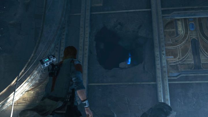 Złapcie duży głaz z użyciem Mocy i ciśnijcie w nim w stronę osłabionej ściany z obrazka - Jedi Survivor: Zagadki ze sprzęgami kul w Zniszczonej osadzie - Star Wars Jedi Survivor - poradnik do gry