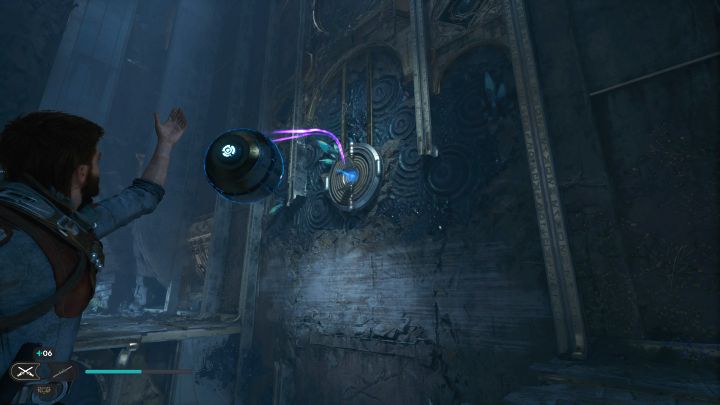 Wdrapcie się na górę, złapcie kulę i umieśćcie kulę w bocznym slocie z obrazka - Jedi Survivor: Zagadki ze sprzęgami kul w Zniszczonej osadzie - Star Wars Jedi Survivor - poradnik do gry