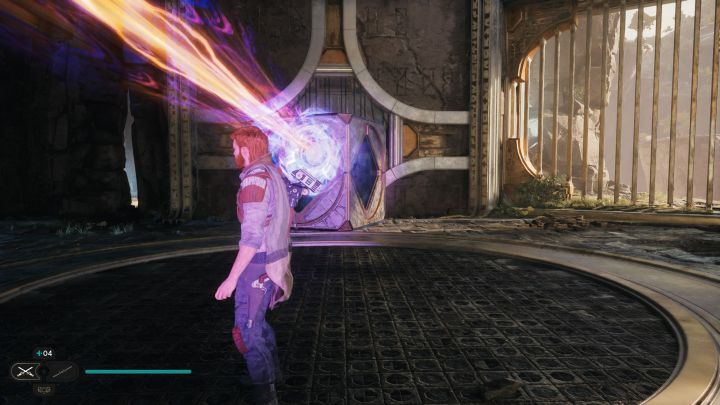 Zacznijcie ponownie przesuwać skrzynię i pozostawcie ją w miejscu z obrazka - powinien w nią uderzać strumień energii - Jedi Survivor: Zagadki ze sprzęgami kul w Zniszczonej osadzie - Star Wars Jedi Survivor - poradnik do gry