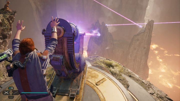 Wejdźcie w interakcję ze sprzęgiem kul i nakierujcie strumień energii na trzecią barykadę z obrazka - Jedi Survivor: Zagadki ze sprzęgami kul w Zniszczonej osadzie - Star Wars Jedi Survivor - poradnik do gry