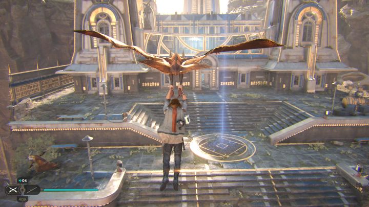 Pozostało już tylko złapać się reltera i wykorzystać strumień powietrza żeby dotrzeć do najwyższej lokacji w Zniszczonej osadzie, na której znajdziecie m - Jedi Survivor: Zagadki ze sprzęgami kul w Zniszczonej osadzie - Star Wars Jedi Survivor - poradnik do gry