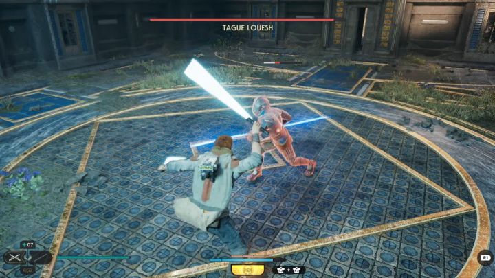 Tague Louesh może też odpalać czerwone ataki w walce wręcz - są to kopniak lub serie uderzeń mieczem świetlnym - Jedi Survivor: Jak pokonać Tague Louesh w Wielki Dziedziniec? - Star Wars Jedi Survivor - poradnik do gry