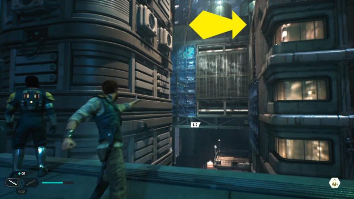Przetnijcie linę, a następnie przyciągnijcie ją i przeskoczcie na drugą stronę, łapiąc się krat - Star Wars Jedi Survivor: Coruscant - opis przejścia - Star Wars Jedi Survivor - poradnik do gry