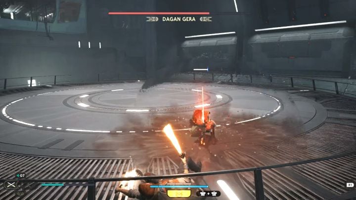 Innym czerwonym atakiem używanym przez Dagana jest wzbicie się w powietrze i uderzenie z duża siłą w ziemię - Jedi Survivor: Jak pokonać bossa Dagan Gera w Przedniej wieży dowodzenia? - Star Wars Jedi Survivor - poradnik do gry
