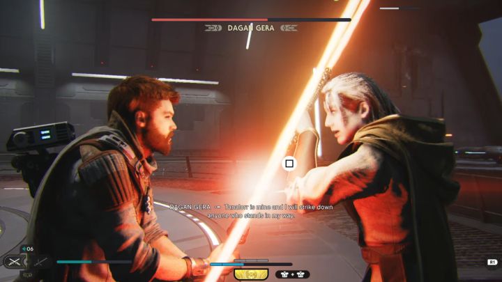 W trakcie pojedynku może dojść do sceny siłowania się na miecze świetlne - wciskajcie wtedy szybko widoczny na ekranie przycisk ataku - Jedi Survivor: Jak pokonać bossa Dagan Gera w Przedniej wieży dowodzenia? - Star Wars Jedi Survivor - poradnik do gry