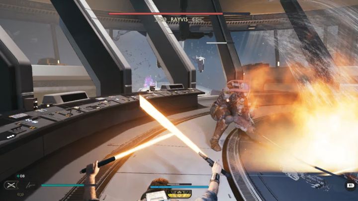 Zupełnie innym czerwonym atakiem przeciwnika jest silne uderzenie w ziemię - Jedi Survivor: Jak pokonać Rayvisa w Laboratorium badawczym Republiki? - Star Wars Jedi Survivor - poradnik do gry