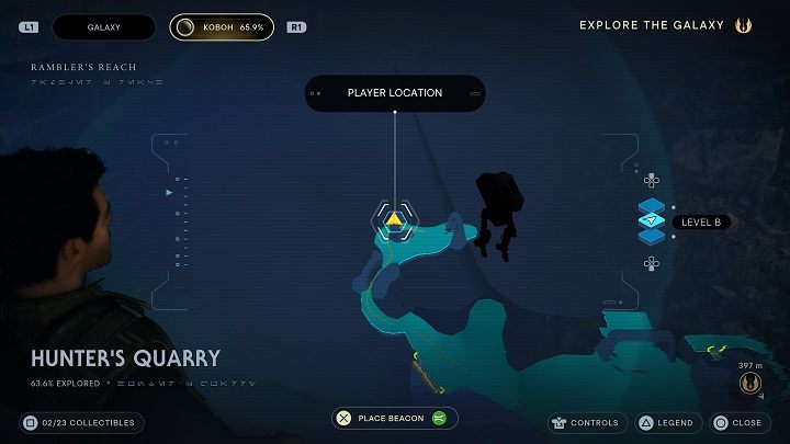 Dostaniecie się do jaskini, w której znajdziecie obszar do zeskanowania - po przejściu przez szczelinę skierujcie się na lewo - Jedi Survivor: Kamieniołom myśliwego - lista sekretów - Star Wars Jedi Survivor - poradnik do gry