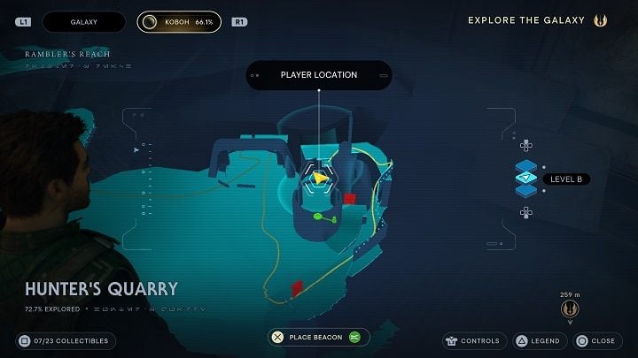 Następnie obejdźcie budynek znajdujący się w pobliżu i przebiegnijcie po ścianie, aby w następnej kolejności skorzystać z pnączy - Jedi Survivor: Kamieniołom myśliwego - lista sekretów - Star Wars Jedi Survivor - poradnik do gry