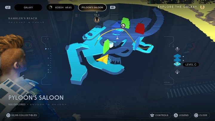 Żeby zdobyć jedyny skarb, jaki się tu znajduje, musicie udać się do baru na górę, a następnie do małego pomieszczenia na lewo od głównych schodów - Jedi Survivor: Saloon Pyloony - lista sekretów - Star Wars Jedi Survivor - poradnik do gry