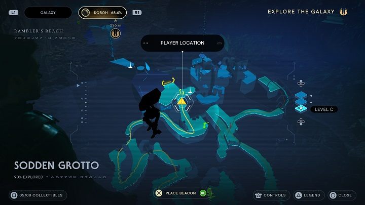 Wróćcie się do miejsca gdzie był Droid grzebiący w ziemi i mijając szczelinę udajcie się dalej, w stronę oświetlonego przejścia, gdzie woda spada z góry - Jedi Survivor: Wilgotna grota - lista sekretów - Star Wars Jedi Survivor - poradnik do gry