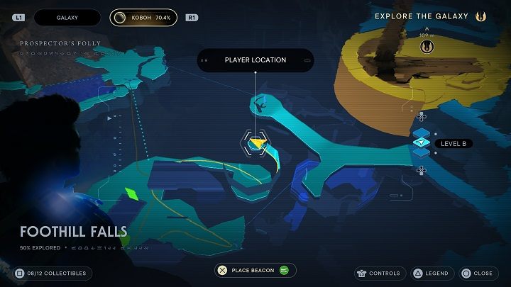 Niedaleko znajduje się wierzchowiec - stoi przy ścianie, dzięki której możecie dostać się na półkę znajdującą się nad poprzednią znajdźką - Jedi Survivor: Podgórskie wodospady - lista sekretów - Star Wars Jedi Survivor - poradnik do gry