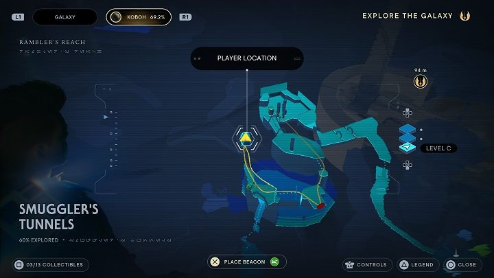 Po otwarciu zamkniętych drzwi udajcie się na lewo i skorzystajcie z pręta, aby przedostać się na drugą stronę - Jedi Survivor: Tunele przemytnika - lista sekretów - Star Wars Jedi Survivor - poradnik do gry