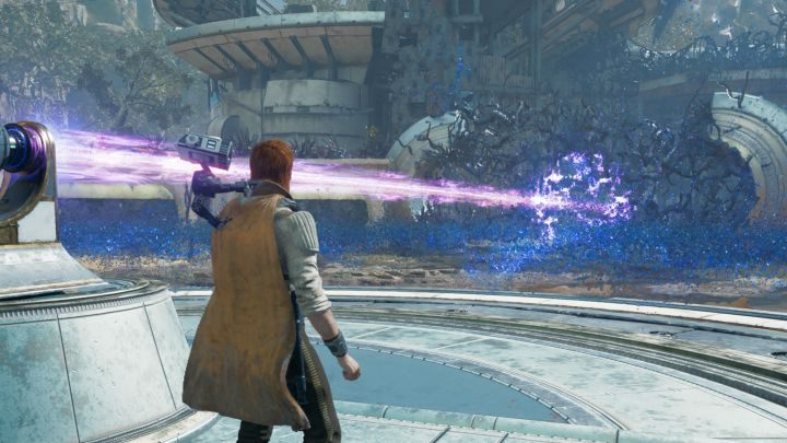 Możecie opcjonalnie odblokować ścieżkę do pierwszego punktu medytacji lub od razu użyć promienia do zniszczenia bocznej bariery - Star Wars Jedi Survivor: Leśny węzeł (The Forest Array) - Star Wars Jedi Survivor - poradnik do gry