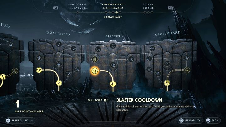 Szybszy blaster z drzewka Blaster - Umiejętność ta pozwala pozyskiwać więcej amunicji od wrogów dzięki trafianiu ich mieczem świetlnym - Star Wars Jedi Survivor: Najlepsze umiejętności - Star Wars Jedi Survivor - poradnik do gry
