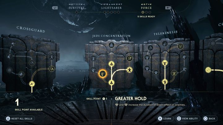 Silniejsze wstrzymanie z drzewka Koncentracja Jedi - Umiejętność ta wydłuża działanie spowolnienia przeciwników - Star Wars Jedi Survivor: Najlepsze umiejętności - Star Wars Jedi Survivor - poradnik do gry
