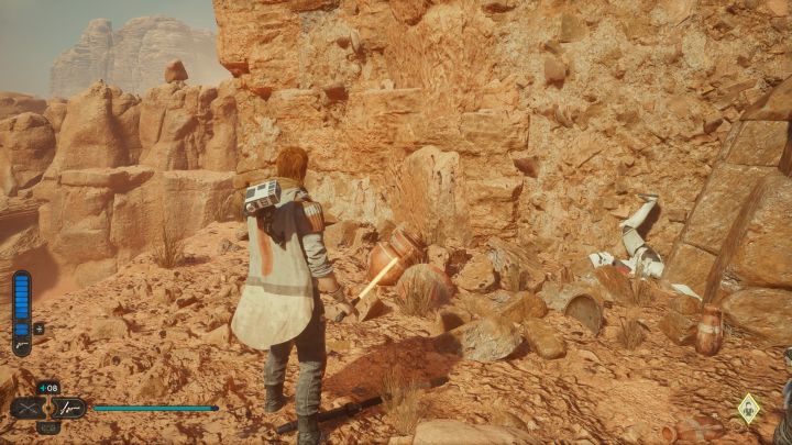Echo możecie łatwo znaleźć niedługo po rozpoczęciu eksploracji ruin i dotarciu do bocznej półki - Jedi Survivor: Ścieżka uporu z planety Jedha - lista sekretów - Star Wars Jedi Survivor - poradnik do gry