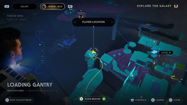 Udajcie się na przeciwległy kraniec platformy, na której stoicie i skorzystajcie z linki z hakiem, aby dostać się na ścianę - Jedi Survivor: Suwnica Załadunkowa - lista sekretów - Star Wars Jedi Survivor - poradnik do gry