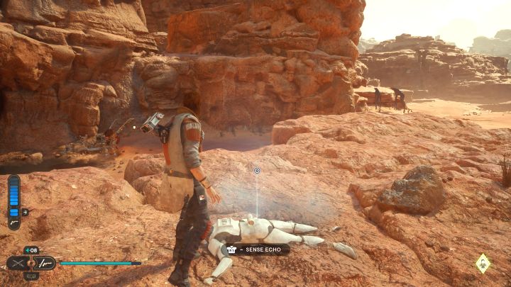 Kolejny martwy szturmowiec jest do odnalezienia na skałach niedaleko punktu medytacji i miejsca, w którym Skoova łowi ryby - Jedi Survivor: Suche równiny z planety Jedha - lista sekretów - Star Wars Jedi Survivor - poradnik do gry