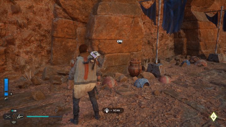 Miejsce do zeskanowania jest na granicy z ruinami regionu Ścieżka pewności - Jedi Survivor: Suche równiny z planety Jedha - lista sekretów - Star Wars Jedi Survivor - poradnik do gry