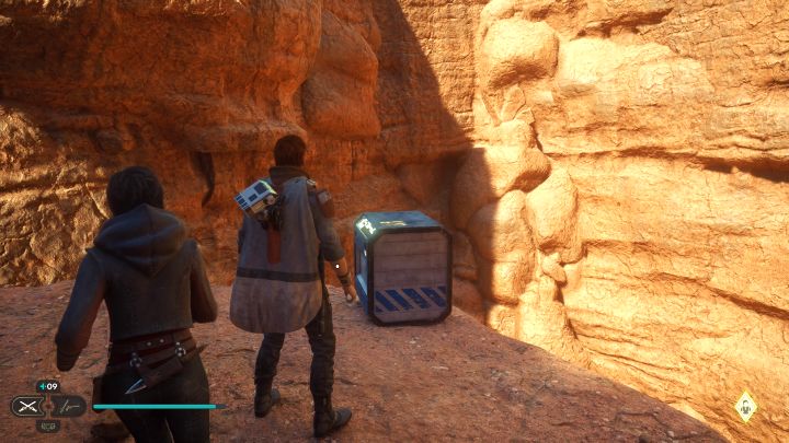 Po zdobyciu poprzedniego sekretu wdrapcie się na wyższą półkę, na której jest skrzynia - Jedi Survivor: Suche równiny z planety Jedha - lista sekretów - Star Wars Jedi Survivor - poradnik do gry