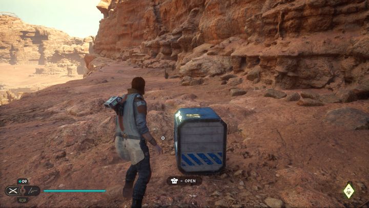 Po wylądowaniu na wysokiej skalnej półce dotrzyjcie do poszukiwanej skrzyni - Jedi Survivor: Pustynny Grzbiet z planety Jedha - lista sekretów - Star Wars Jedi Survivor - poradnik do gry