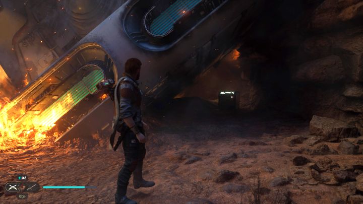 Skrzynię ukryto pod płonącym wrakiem w lokacji, w której spotyka się Skritona oraz imperialnych oficerów - Jedi Survivor: Gwiżdżąca przepaść z planety Jedha - lista sekretów - Star Wars Jedi Survivor - poradnik do gry
