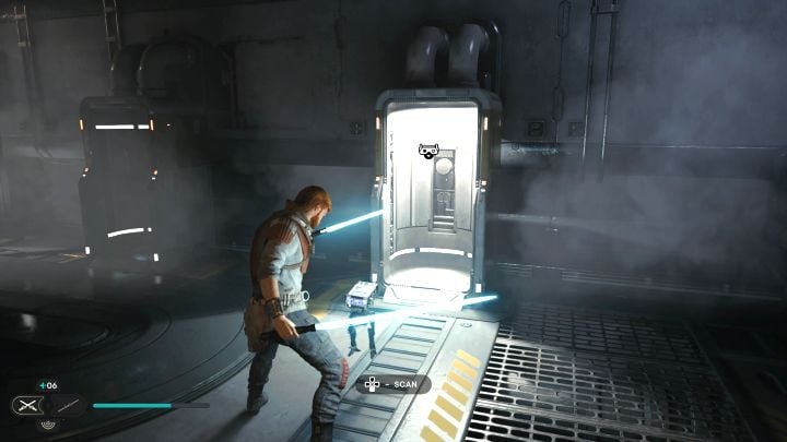 Możecie zeskanować stację w prostokątnym pomieszczeniu, w którym musieliście pokonać dużą grupę droidów i Jeźdźców Chaosu - Jedi Survivor: Kuźnia automatyczna ze Zniszczonego Księżyca - lista sekretów - Star Wars Jedi Survivor - poradnik do gry