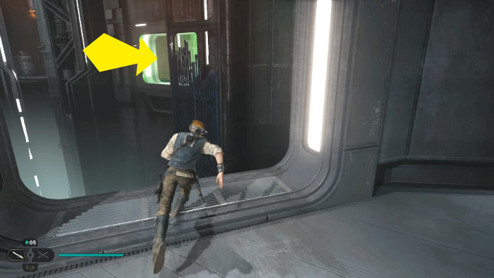 Idąc dalej, dotrzecie w końcu do miejsca widocznego na powyższym obrazku (korytarz po prawej prowadzi do skrótu do punktu medytacji) - Star Wars Jedi Survivor: Uratuj Zee z Lucrehulka (Rescue Zee from the Lucrehulk) - Star Wars Jedi Survivor - poradnik do gry