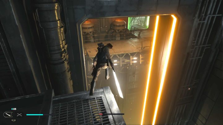Dalsza droga prowadzi w lewo, musicie przeskoczyć szczelinę, aby wylądować na platformie poniżej - Star Wars Jedi Survivor: Uratuj Zee z Lucrehulka (Rescue Zee from the Lucrehulk) - Star Wars Jedi Survivor - poradnik do gry