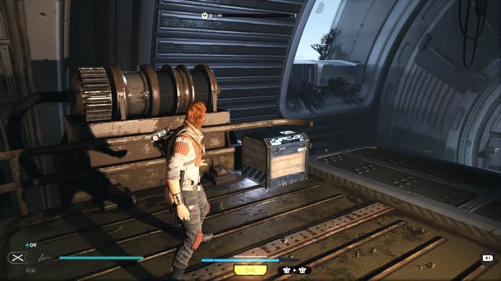 Cal docelowo dotrze na wyższą półkę, na której oprócz droida jest też skrzynia z elementem ubioru - Jedi Survivor: Kanał węzła ze Zniszczonego Księżyca - lista sekretów - Star Wars Jedi Survivor - poradnik do gry