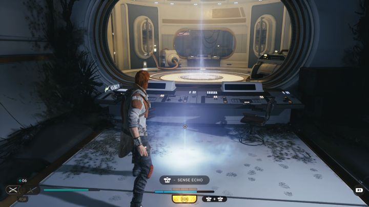 Echo jest w korytarzu, z którego przez szklaną ścianę widać punkt medytacji - Jedi Survivor: Laboratorium badawcze Republiki ze Zniszczonego Księżyca - lista sekretów - Star Wars Jedi Survivor - poradnik do gry