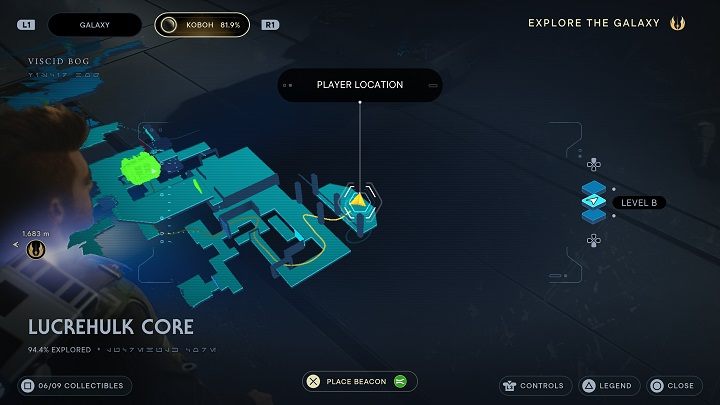 Po zebraniu odłamku Priorytu z uciekającego Droida, przeskoczcie nad przepaścią w stronę miejsca, z którego strzelały wieżyczki - Jedi Survivor: Rdzeń Lucrehulka - lista sekretów - Star Wars Jedi Survivor - poradnik do gry