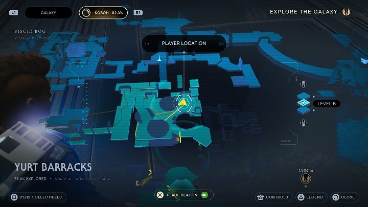 Na tym samym placu znajdziecie zniszczone drzwi, przez które możecie się przecisnąć - Jedi Survivor: Koszary Jurcie - lista sekretów - Star Wars Jedi Survivor - poradnik do gry