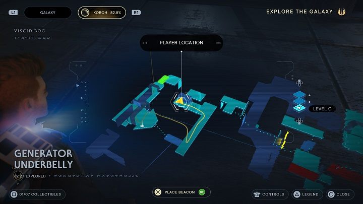 Korzystając z pomostu, na którym zebraliście wpis do bazy danych udajcie się do końca po przeciwnej stronie - Jedi Survivor: Spód Generatora - lista sekretów - Star Wars Jedi Survivor - poradnik do gry