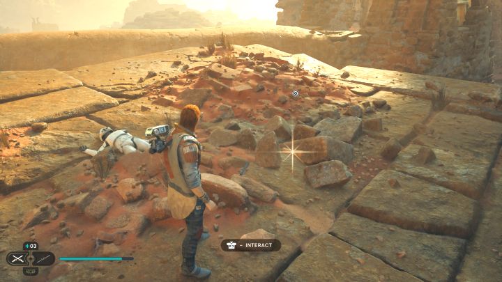Zwój z Jedhy leży na ziemi w środkowej części ruin, w której jest też grupa wrogów - Jedi Survivor: Mury klasztorne z planety Jedha - lista sekretów - Star Wars Jedi Survivor - poradnik do gry