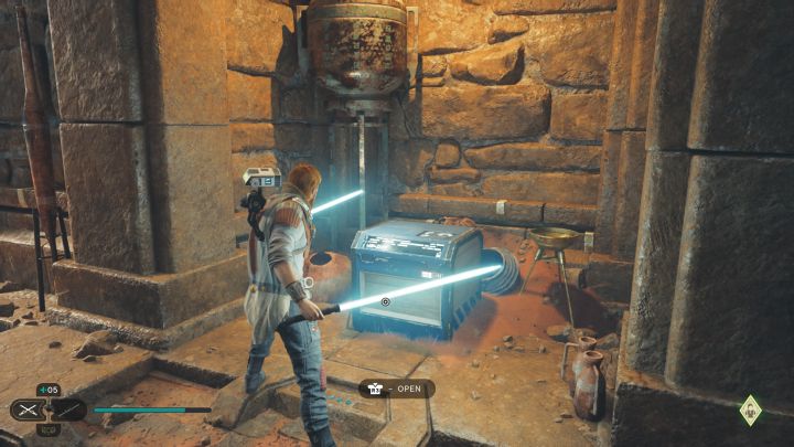 Dotrzyjcie w ruinach do lokacji z warsztatem i grupą szturmowców, w tym co najmniej jednym z tarczą - Jedi Survivor: Korytarze Ranvella z planety Jedha - lista sekretów - Star Wars Jedi Survivor - poradnik do gry