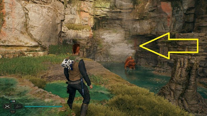 Po opróżnieniu skrzyni zeskoczcie na dół i udajcie się w stronę wodospadu widocznego nieco dalej - Jedi Survivor: Fala Oszusta - lista sekretów - Star Wars Jedi Survivor - poradnik do gry