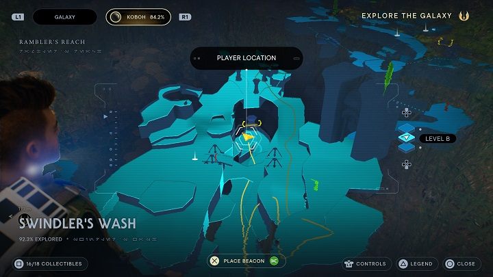 Udajcie się jeszcze dalej w lewo, aby przy najbliższej okazji wspiąć się na półkę wyżej, a z niej przeskoczyć naprzeciwko, na jeszcze trochę wyższą - Jedi Survivor: Fala Oszusta - lista sekretów - Star Wars Jedi Survivor - poradnik do gry