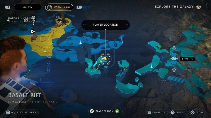 Kiedy już dostaniecie się do Szczeliny Bazaltowej i wejdziecie trochę głębiej, natkniecie się na rozciągniętą linkę na przepaścią - Jedi Survivor: Bazaltowa Szczelina - lista sekretów - Star Wars Jedi Survivor - poradnik do gry