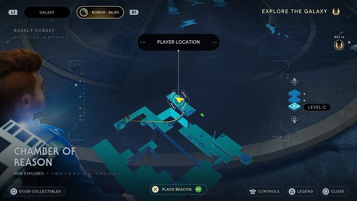 Do ostatniej znajdźki dostaniecie się przerzucając kulę nieco dalej, na urządzenie otwierające most - Jedi Survivor: Komnata Rozumu - lista sekretów - Star Wars Jedi Survivor - poradnik do gry