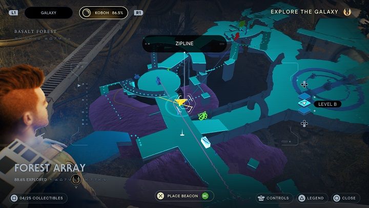 Wróćcie w stronę miejsca medytacji i skierujcie się w stronę wystającego elementu po drugiej stronie - na dole będziecie mogli zobaczyć leżący skarb - Jedi Survivor: Leśny Węzeł - lista sekretów - Star Wars Jedi Survivor - poradnik do gry