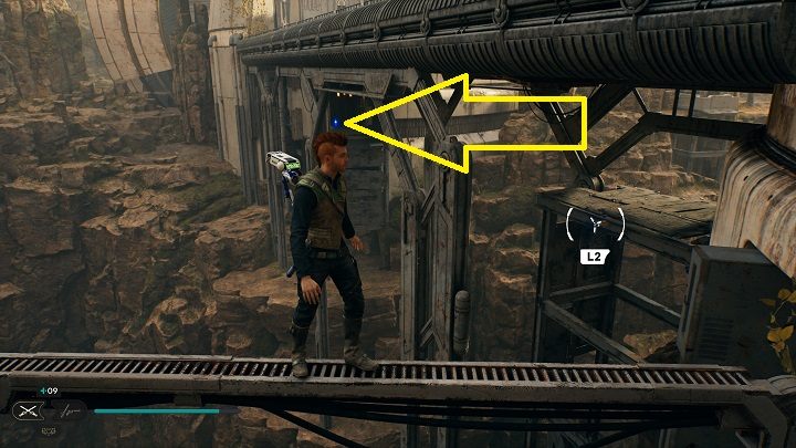 Stojąc na nim będziecie mogli zauważyć krawędź, do której możecie dostać się z pomocą linki z hakiem - Jedi Survivor: Leśny Węzeł - lista sekretów - Star Wars Jedi Survivor - poradnik do gry