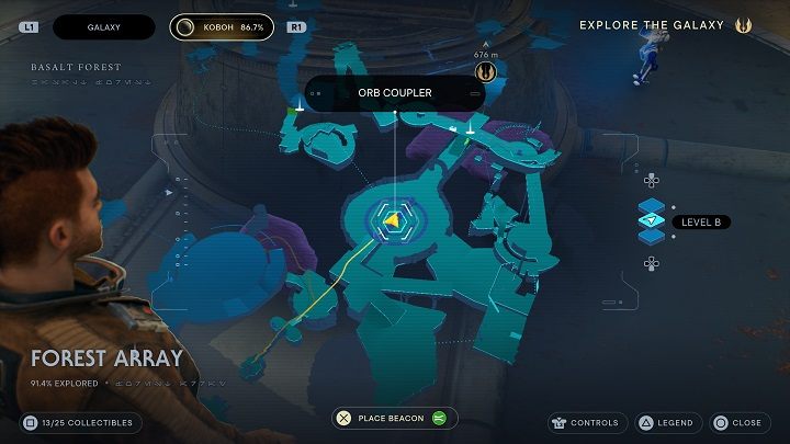 Po raz kolejny weźcie kulę i użyjcie na urządzeniu znajdującym się na dużym placu sąsiadującym z miejscem medytacji - Jedi Survivor: Leśny Węzeł - lista sekretów - Star Wars Jedi Survivor - poradnik do gry