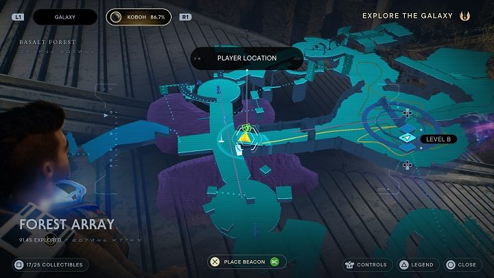 Skoro wiązka laserowa uderza teraz w schody, możecie użyć kruszarki BD-1, aby zdobyć kolejny dysk danych znajdujący się w pobliżu - Jedi Survivor: Leśny Węzeł - lista sekretów - Star Wars Jedi Survivor - poradnik do gry