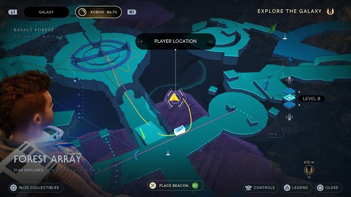 Kolejny dysk danych jest na krawędzi platformy w okolicy warsztatu do edycji wyglądu miecza i BD-1 - Jedi Survivor: Leśny Węzeł - lista sekretów - Star Wars Jedi Survivor - poradnik do gry